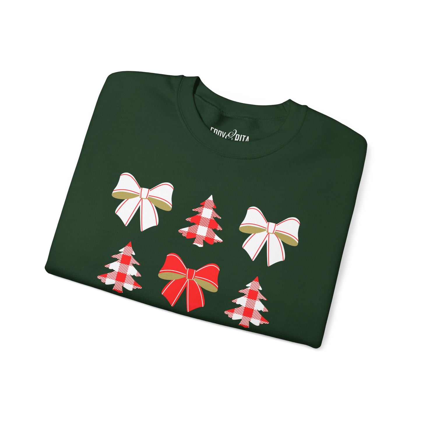 Women's Heavy Sweatshirt – "Christmas Trees and Bows" Festive Holiday Graphic Sweatshirt