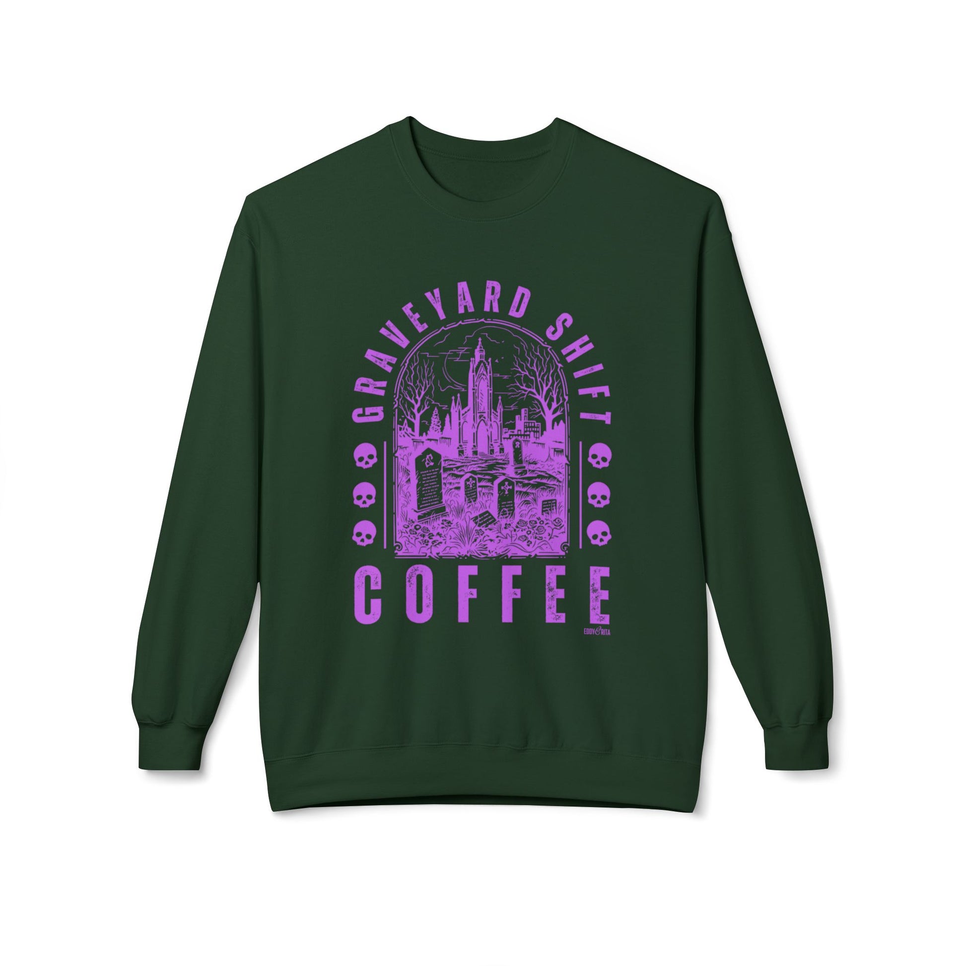 Eddy and Rita Women's Midweight Crewneck Sweatshirt - "Graveyard Shift Coffee" Halloween Graphic Pullover