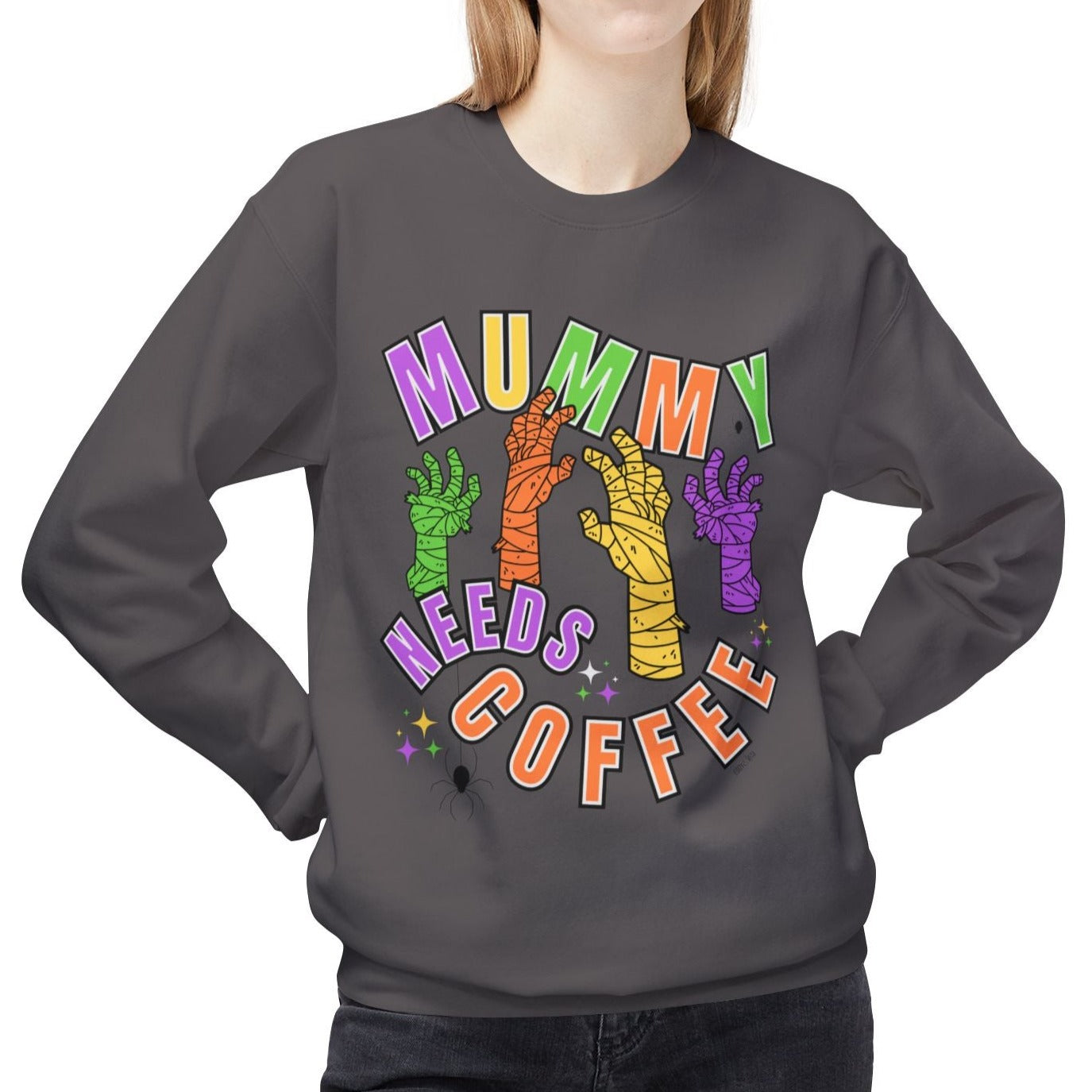 Eddy and Rita Women's Midweight Crewneck Sweatshirt - "Mummy Needs Coffee" Halloween Mummy Hands Graphic Pullover