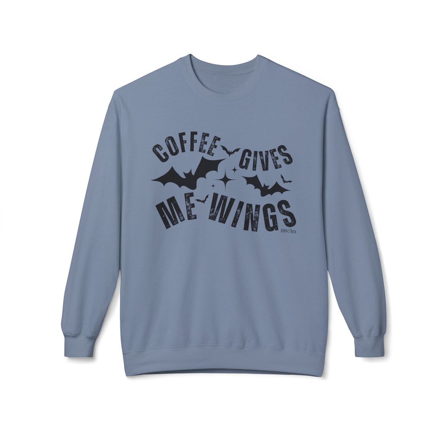 Eddy and Rita Women's Midweight Crewneck Sweatshirt - "Coffee Gives Me Wings" Halloween Bat Graphic Pullover