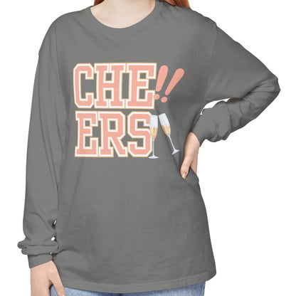 Comfort Colors Women's Cheers Long Sleeve Tee with Champagne Glasses Design - Eddy and Rita