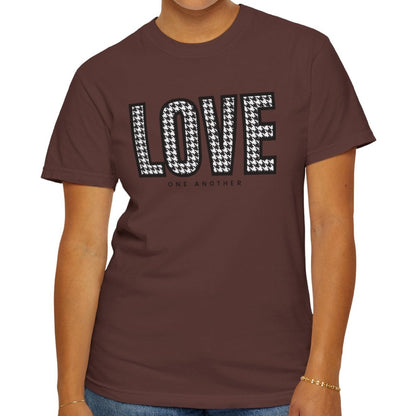 Love One Another Houndstooth Women's Comfort Colors Tee: Cozy Style with Inspirational Charm