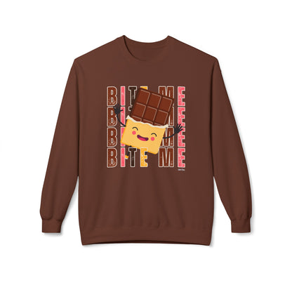 Eddy and Rita Women's Midweight Crewneck Sweatshirt - "Bite Me" Happy Chocolate Bar Graphic Pullover