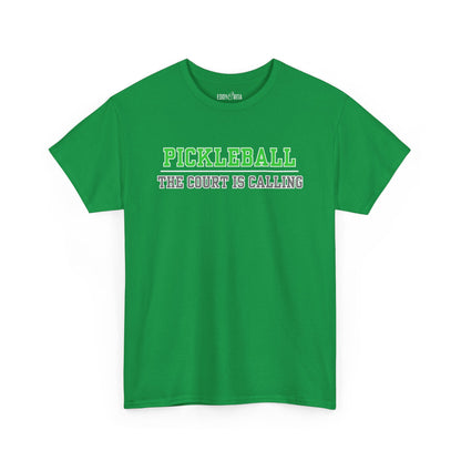 Eddy and Rita Men's Heavy Cotton T-Shirt - "Pickleball The Court is Calling" Graphic Tee for Pickleball Enthusiasts