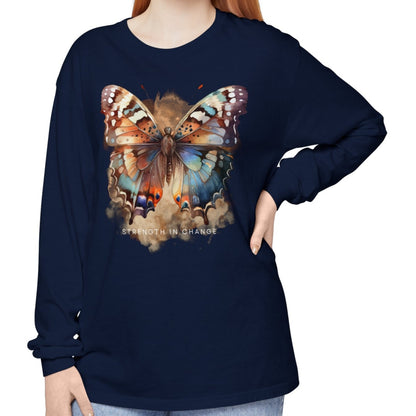 Women's Comfort Colors Long Sleeve Tee: 'Strength in Change' Butterfly - Eddy and Rita