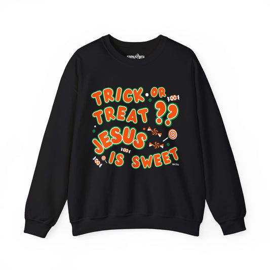 Eddy and Rita Women's Heavy Crewneck Sweatshirt - "Trick or Treat?? Jesus is Sweet" Halloween Graphic Pullover