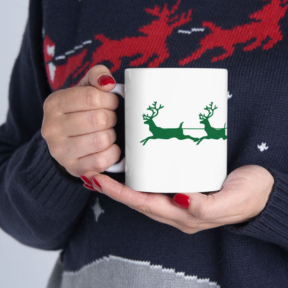 11 oz Ceramic Coffee Mug - Green and White "Santa's Sleigh" Design | Festive Holiday Mug for Christmas Cheer