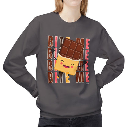 Eddy and Rita Women's Midweight Crewneck Sweatshirt - "Bite Me" Happy Chocolate Bar Graphic Pullover