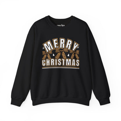 Women’s Heavy Sweatshirt – “Merry Christmas” with Leopard Print Bows | Cozy and Stylish Holiday Apparel