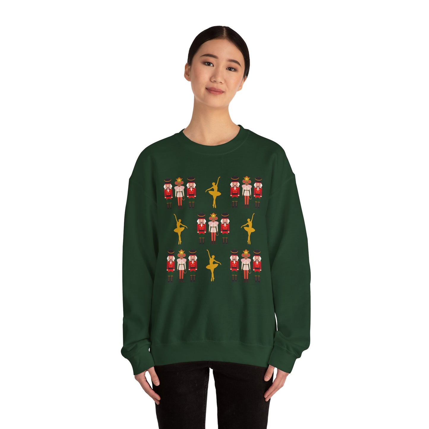 Women's Heavy Sweatshirt – "Nutcrackers with Golden Ballerina" Elegant Christmas Graphic Sweatshirt