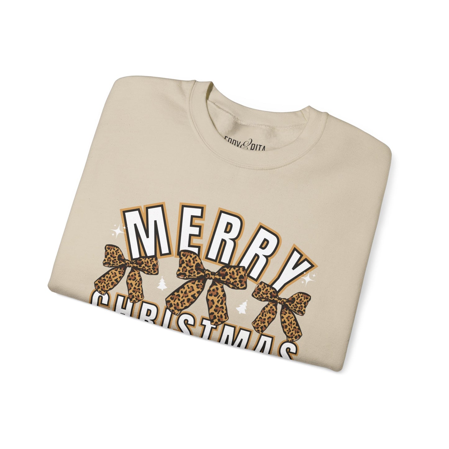 Women’s Heavy Sweatshirt – “Merry Christmas” with Leopard Print Bows | Cozy and Stylish Holiday Apparel