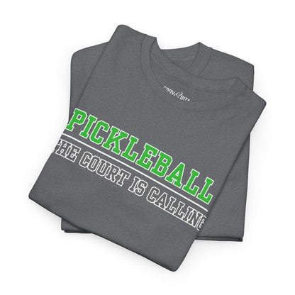 Eddy and Rita Men's Heavy Cotton T-Shirt - "Pickleball The Court is Calling" Graphic Tee for Pickleball Enthusiasts