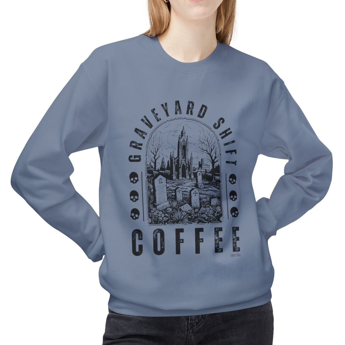 Eddy and Rita Women's Midweight Crewneck Sweatshirt - "Graveyard Shift Coffee" Halloween Graphic Pullover