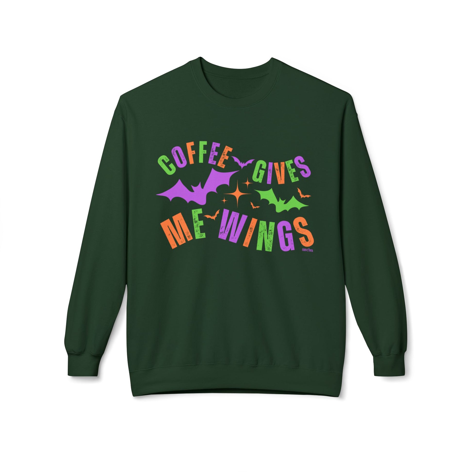 Eddy and Rita Women's Midweight Crewneck Sweatshirt - "Coffee Gives Me Wings" Halloween Bat Graphic Pullover