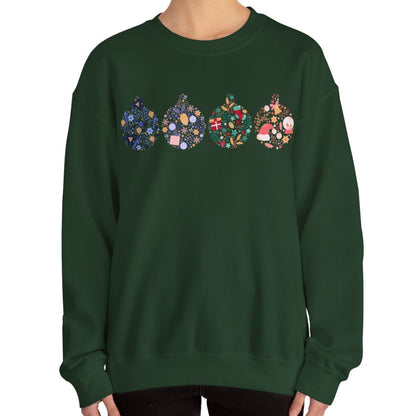 Women’s Heavy Sweatshirt – Four Ornate Christmas Ornaments Design | Cozy and Festive Holiday Pullover