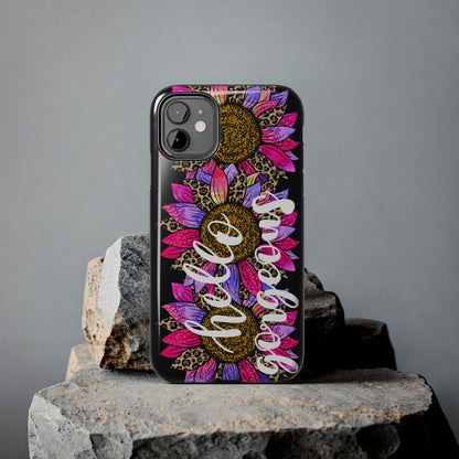 Hello Gorgeous Pink Purple Leopard Sunflowers iPhone Case - Stylish Floral Protective Cover