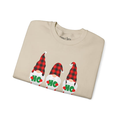 Ho Ho Ho with Three Red and Black Checked Gnomes Women's Sweatshirt - Festive Holiday Fashion