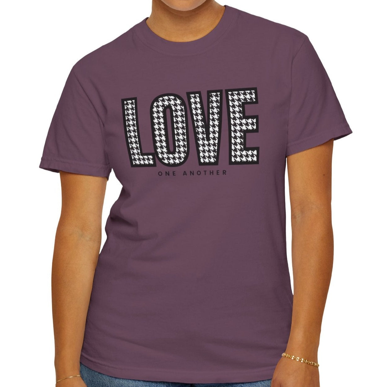 Love One Another Houndstooth Women's Comfort Colors Tee: Cozy Style with Inspirational Charm - Eddy and Rita