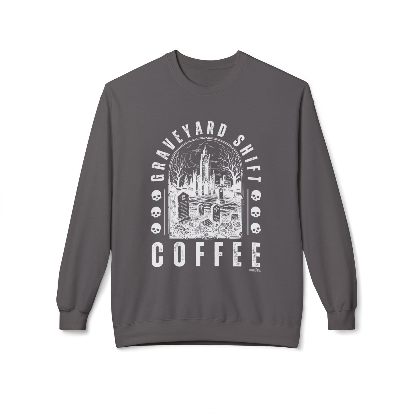 Eddy and Rita Women's Midweight Crewneck Sweatshirt - "Graveyard Shift Coffee" Halloween Graphic Pullover