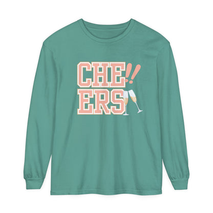 Comfort Colors Women's Cheers Long Sleeve Tee with Champagne Glasses Design - Eddy and Rita