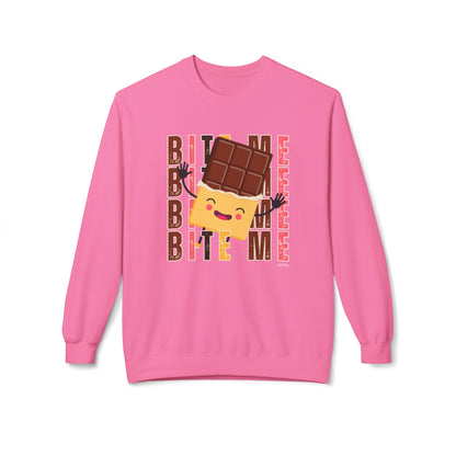 Eddy and Rita Women's Midweight Crewneck Sweatshirt - "Bite Me" Happy Chocolate Bar Graphic Pullover