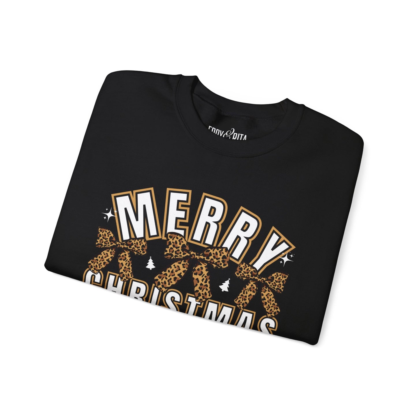 Women’s Heavy Sweatshirt – “Merry Christmas” with Leopard Print Bows | Cozy and Stylish Holiday Apparel