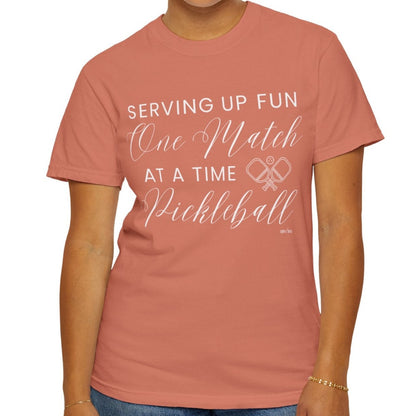 Eddy and Rita Women's Comfort Colors T-Shirt - "Serving Up Fun One Match at a Time Pickleball" Colorful Graphic Tee for Pickleball Enthusiasts