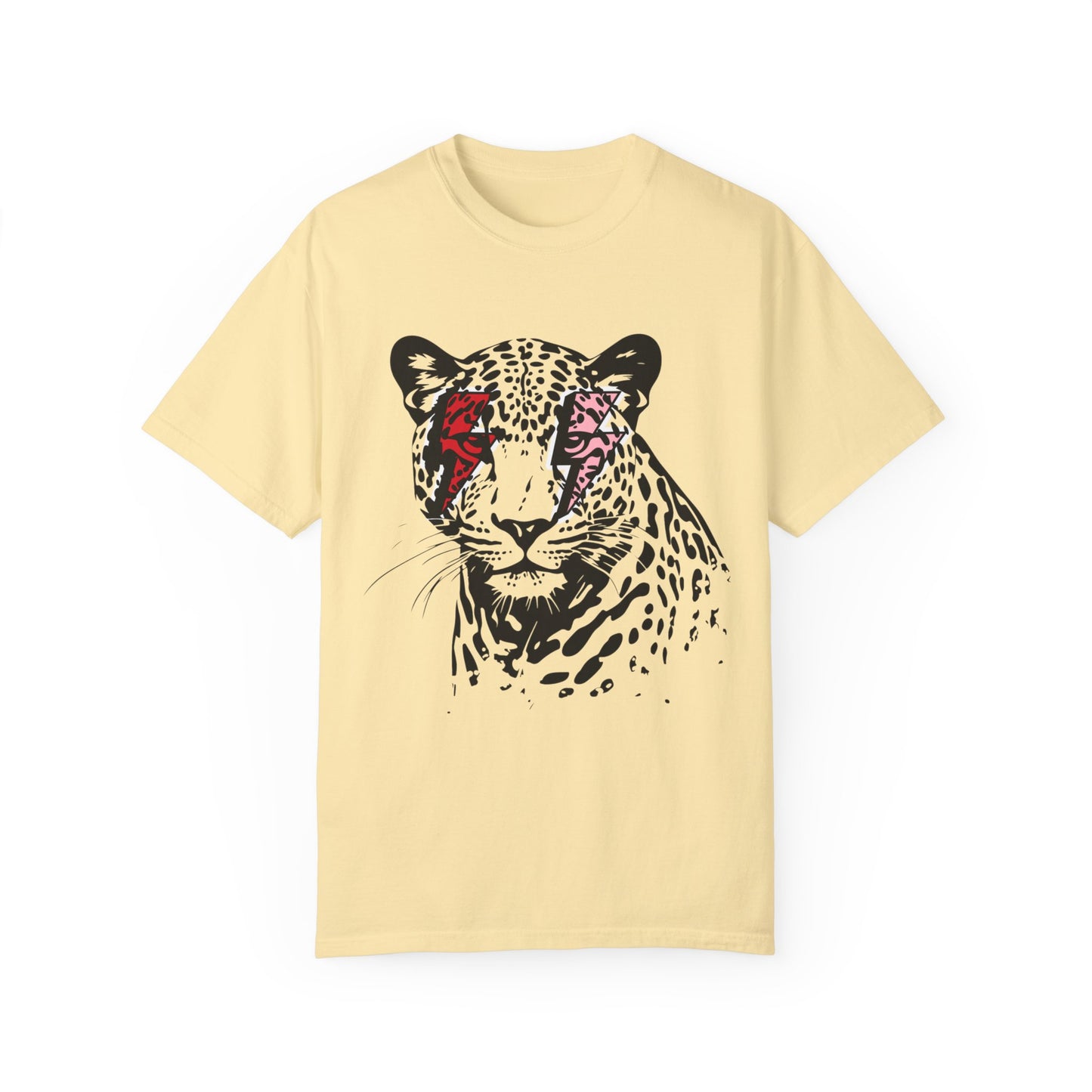 Eddy and Rita Women's Comfort Colors T-Shirt - Leopard with Lightning Bolts Rock and Roll Graphic Tee