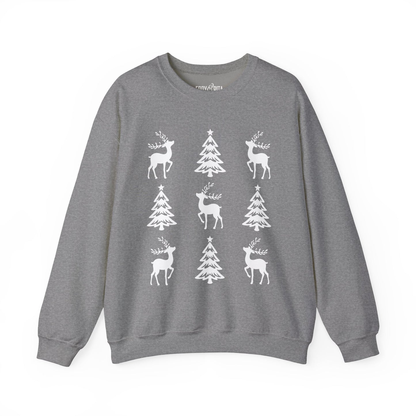 Women's Heavy Sweatshirt – "Christmas Tree Reindeers" Festive Holiday Graphic Sweatshirt