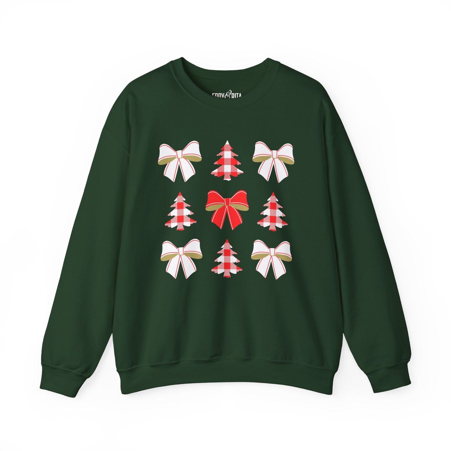 Women's Heavy Sweatshirt – "Christmas Trees and Bows" Festive Holiday Graphic Sweatshirt