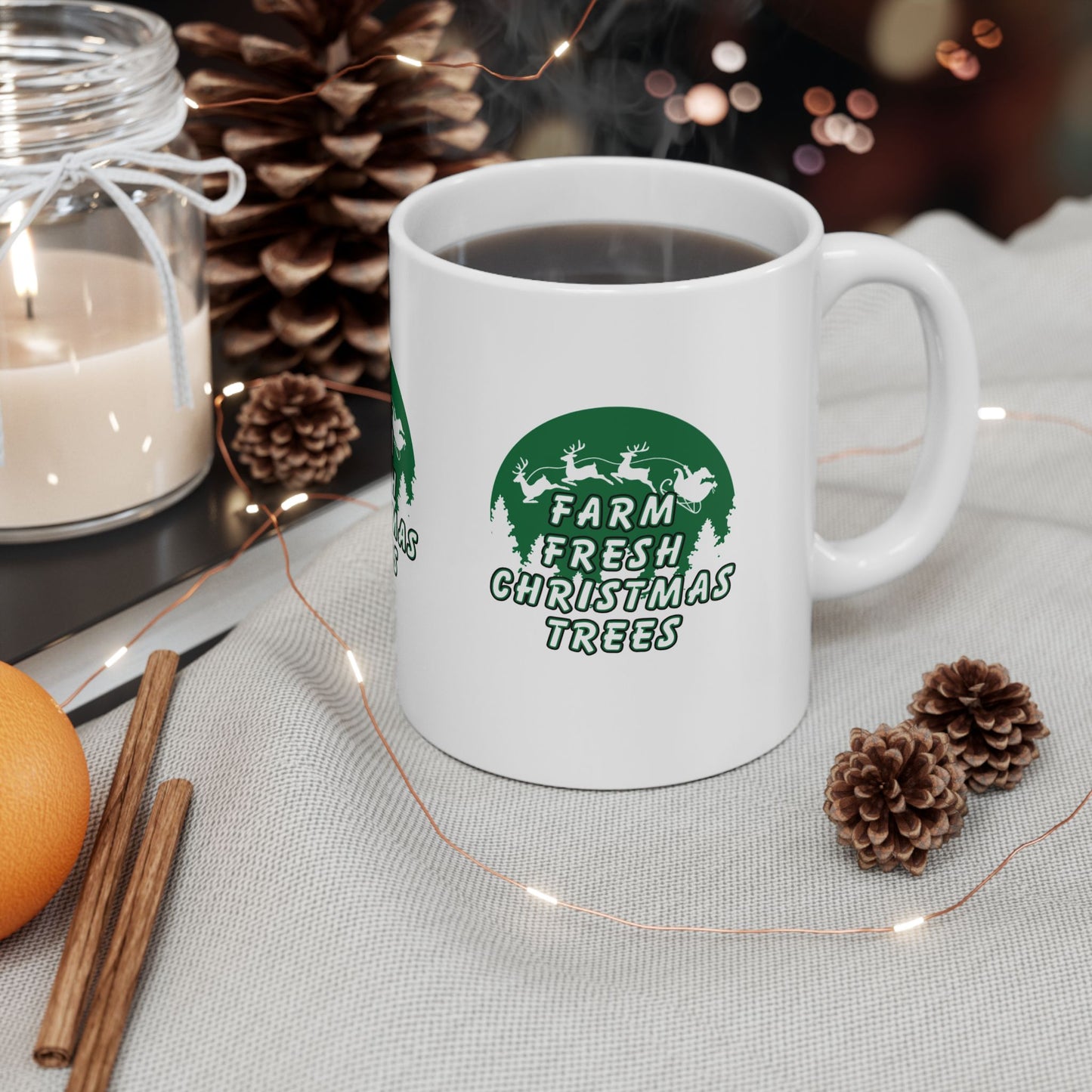 11 oz Ceramic Mug – “Farm Fresh Christmas Trees” Design | Festive and Rustic Holiday Coffee Cup