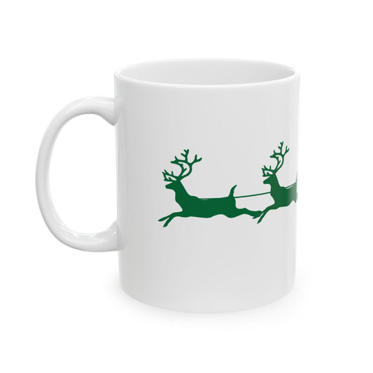 11 oz Ceramic Coffee Mug - Green and White "Santa's Sleigh" Design | Festive Holiday Mug for Christmas Cheer