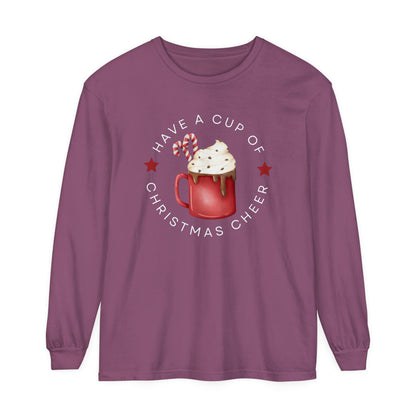 Women's Comfort Colors Long Sleeve Tee: 'Have a Cup of Christmas Cheer' - Eddy and Rita