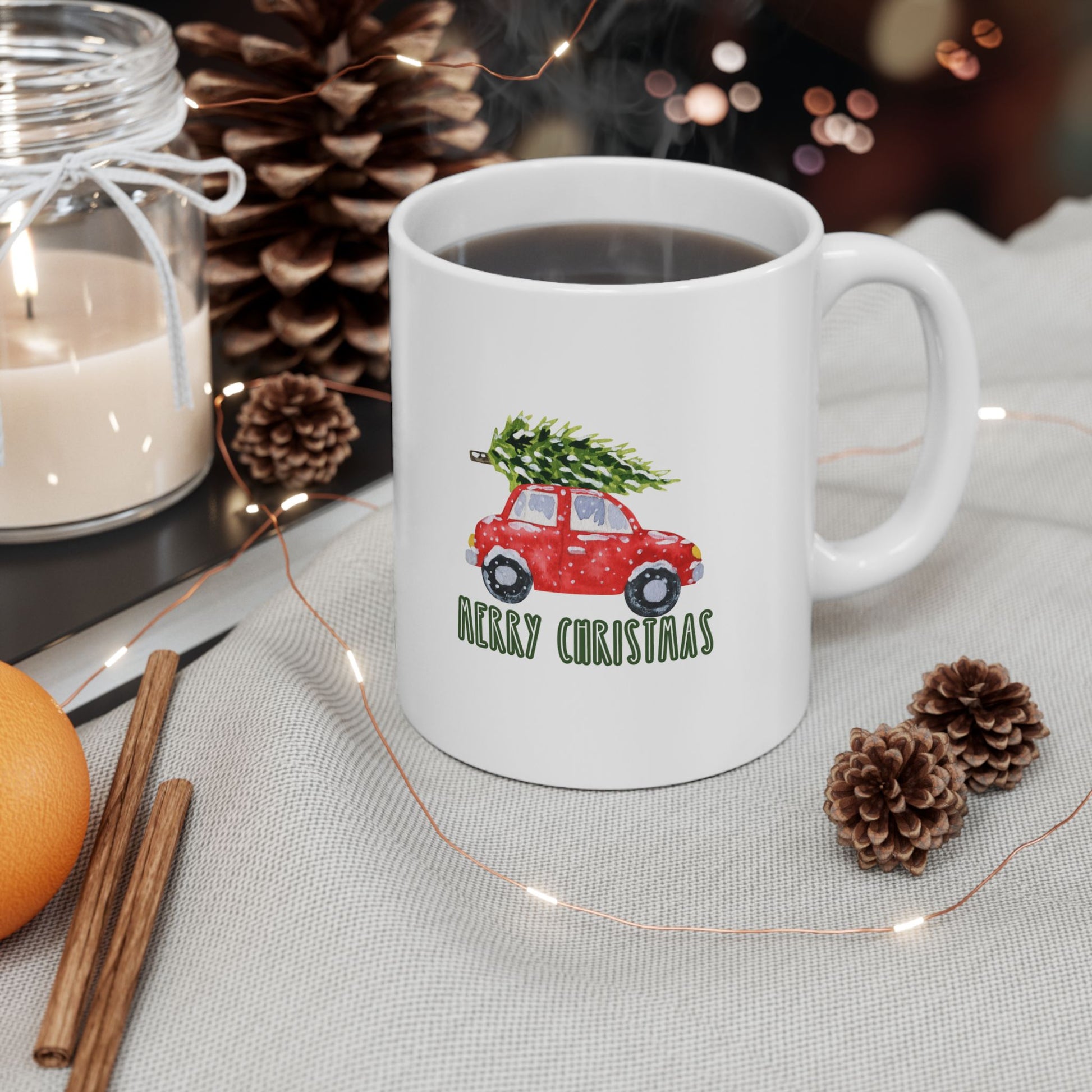 11 oz Ceramic Mug – “Merry Christmas Car with Tree” | Festive and Playful Holiday Coffee Cup