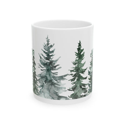 11 oz Ceramic Coffee Mug - "Joy to the World" with Spruce Trees Design | Festive Holiday Coffee Cup for Christmas Cheer