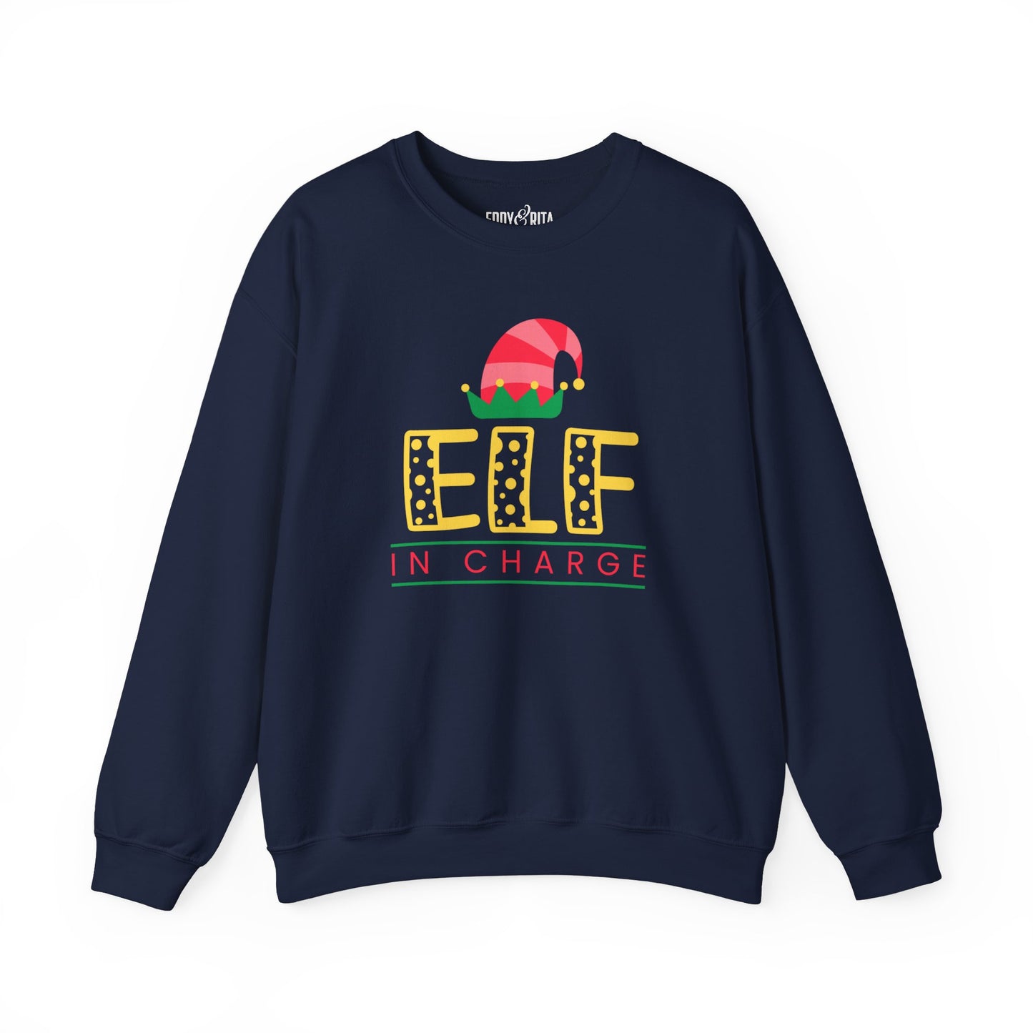 Women's Heavy Sweatshirt – "Elf In Charge" Fun Christmas Graphic Sweatshirt