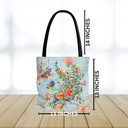 Butterfly Blooms: Women's Small Tote Bag with Spring Bouquet on Robin's Egg Blue - Eddy and Rita