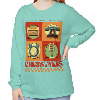 Women's Retro Christmas Tee: 'Hustle and Bustle Christmas' - Comfort Colors Long Sleeve, Cozy Festive Fashion for Seasonal Joy! - Eddy and Rita