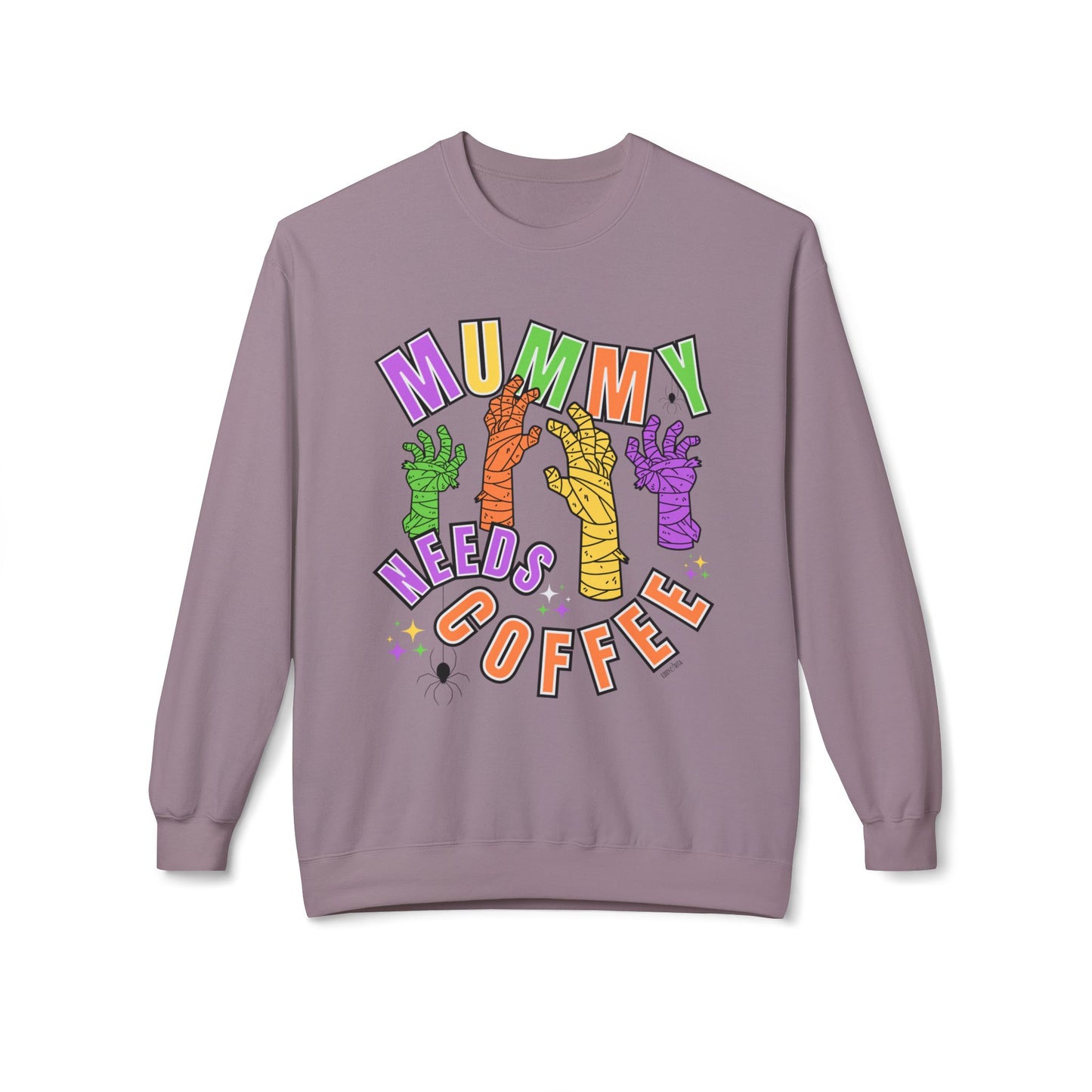 Eddy and Rita Women's Midweight Crewneck Sweatshirt - "Mummy Needs Coffee" Halloween Mummy Hands Graphic Pullover