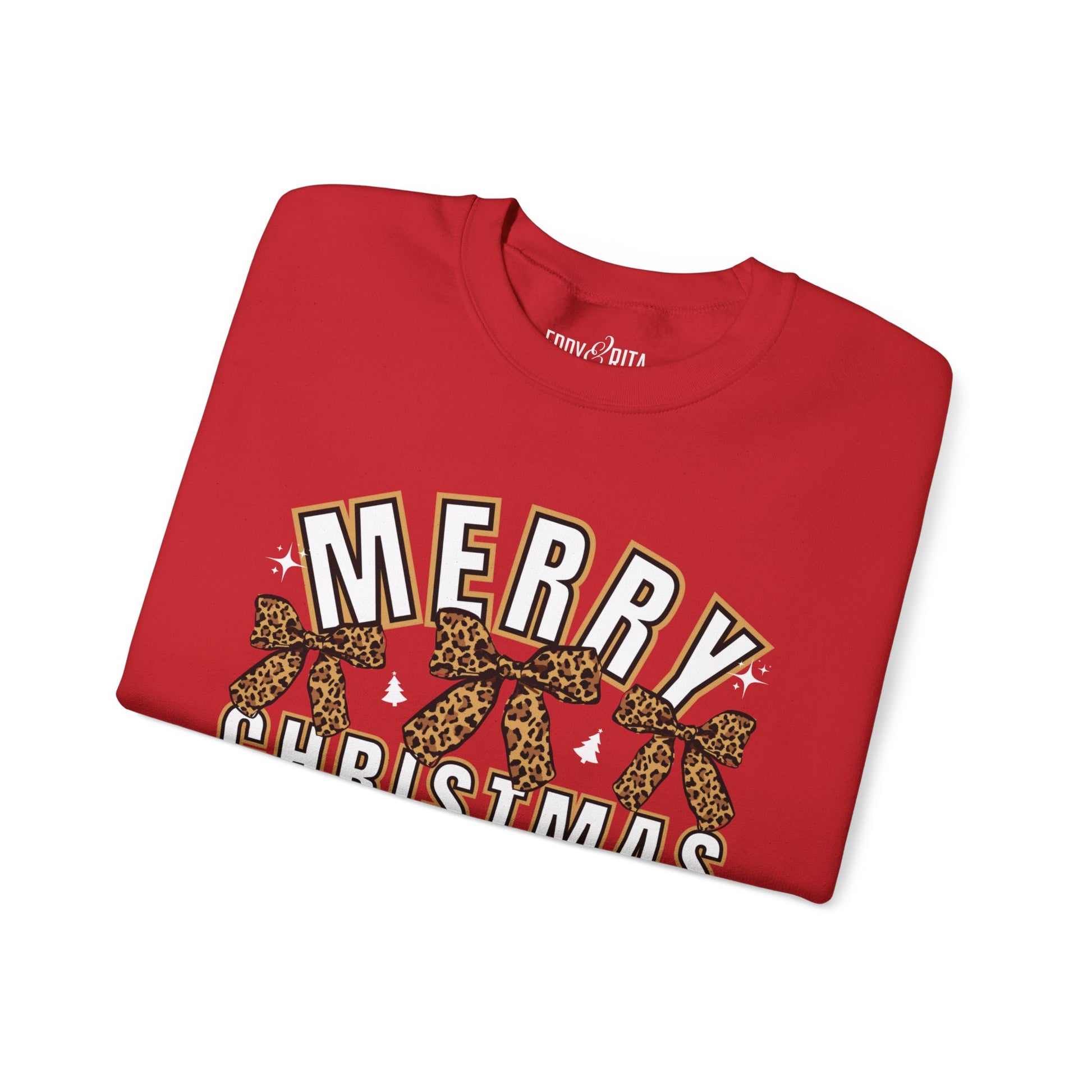 Women’s Heavy Sweatshirt – “Merry Christmas” with Leopard Print Bows | Cozy and Stylish Holiday Apparel