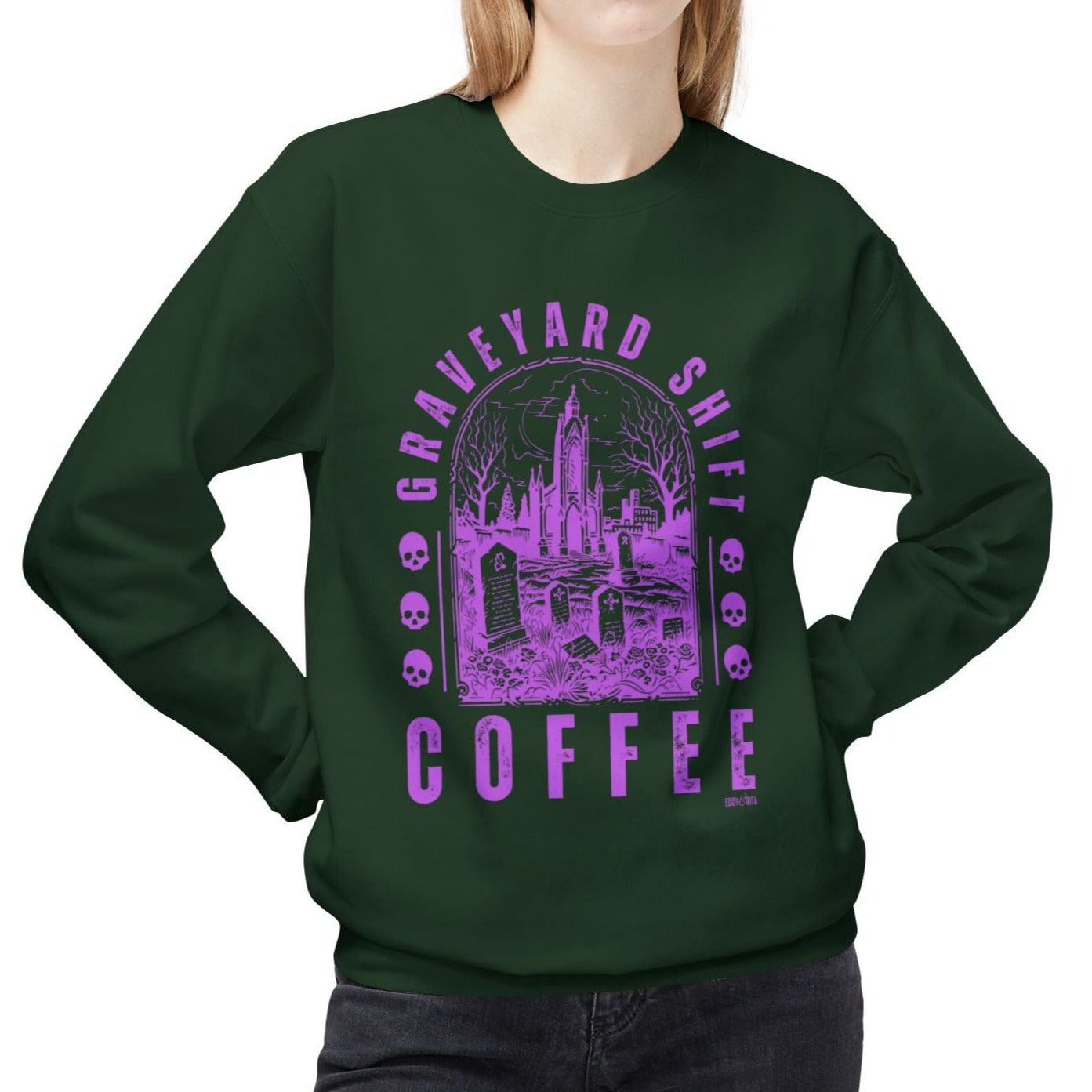 Eddy and Rita Women's Midweight Crewneck Sweatshirt - "Graveyard Shift Coffee" Halloween Graphic Pullover