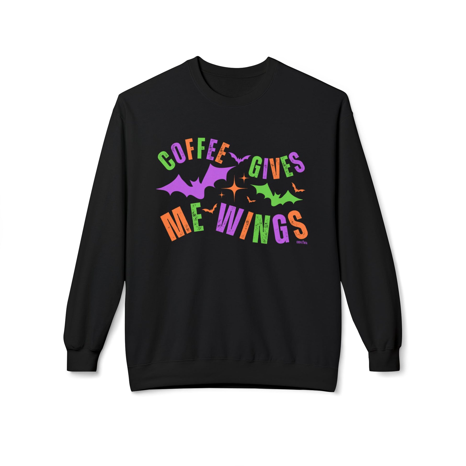 Eddy and Rita Women's Midweight Crewneck Sweatshirt - "Coffee Gives Me Wings" Halloween Bat Graphic Pullover