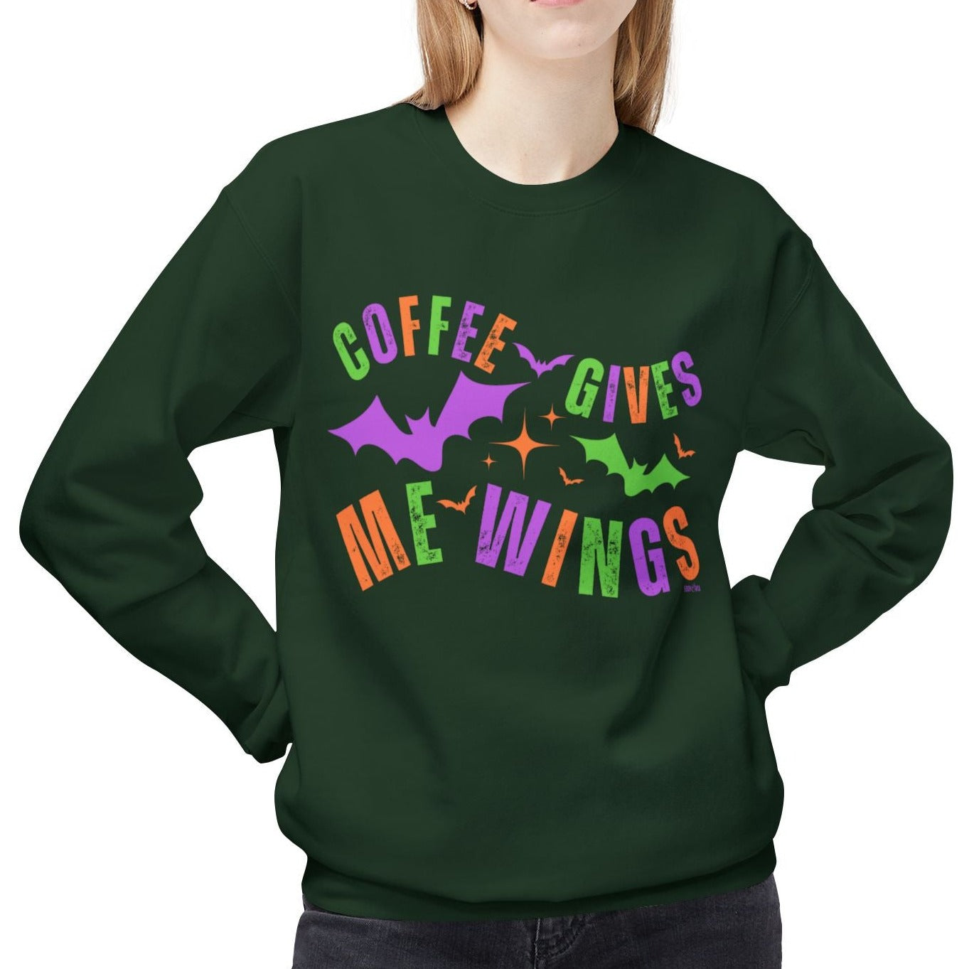 Eddy and Rita Women's Midweight Crewneck Sweatshirt - "Coffee Gives Me Wings" Halloween Bat Graphic Pullover