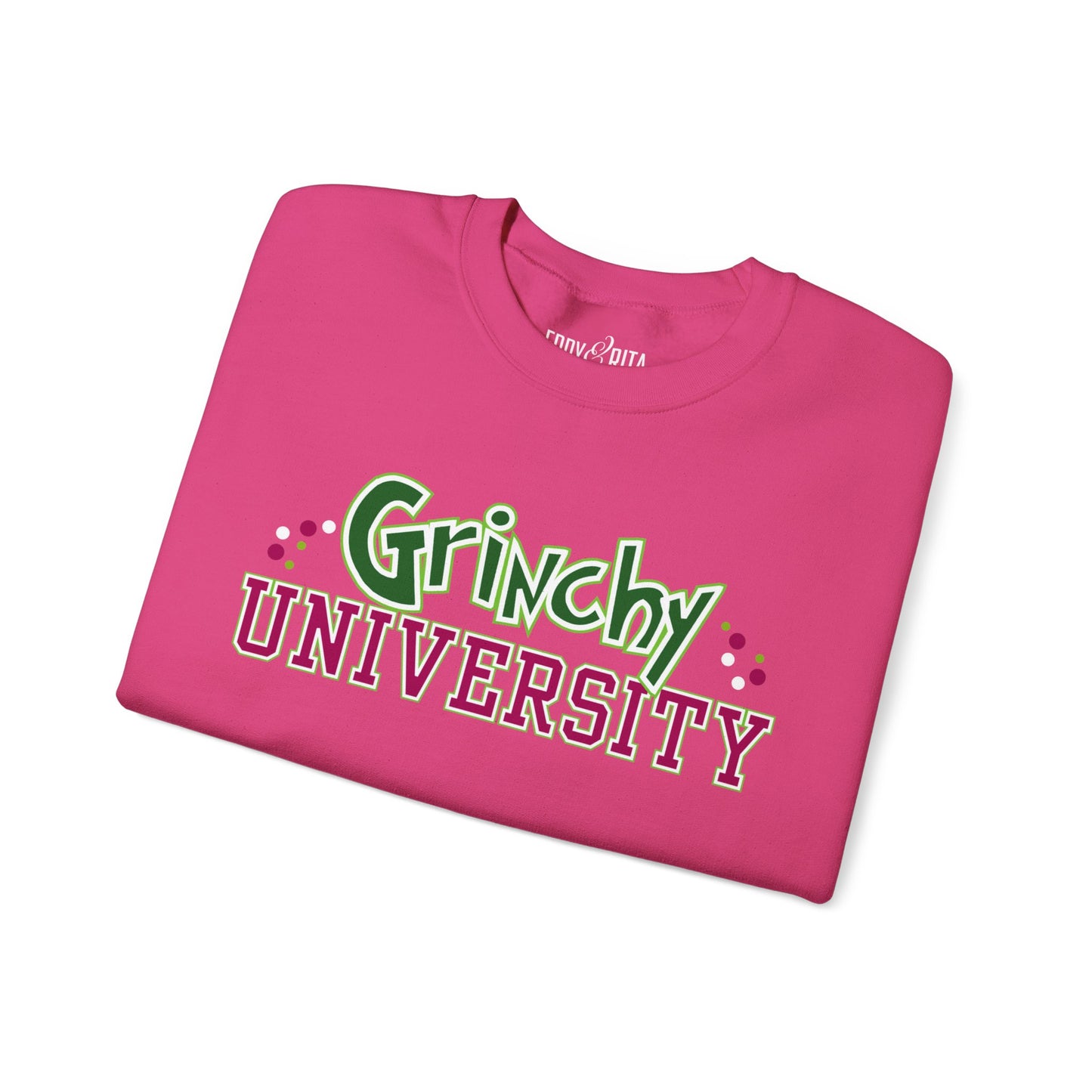 Women’s Heavy Sweatshirt – Grinchy University Design | Fun and Festive Holiday Pullover