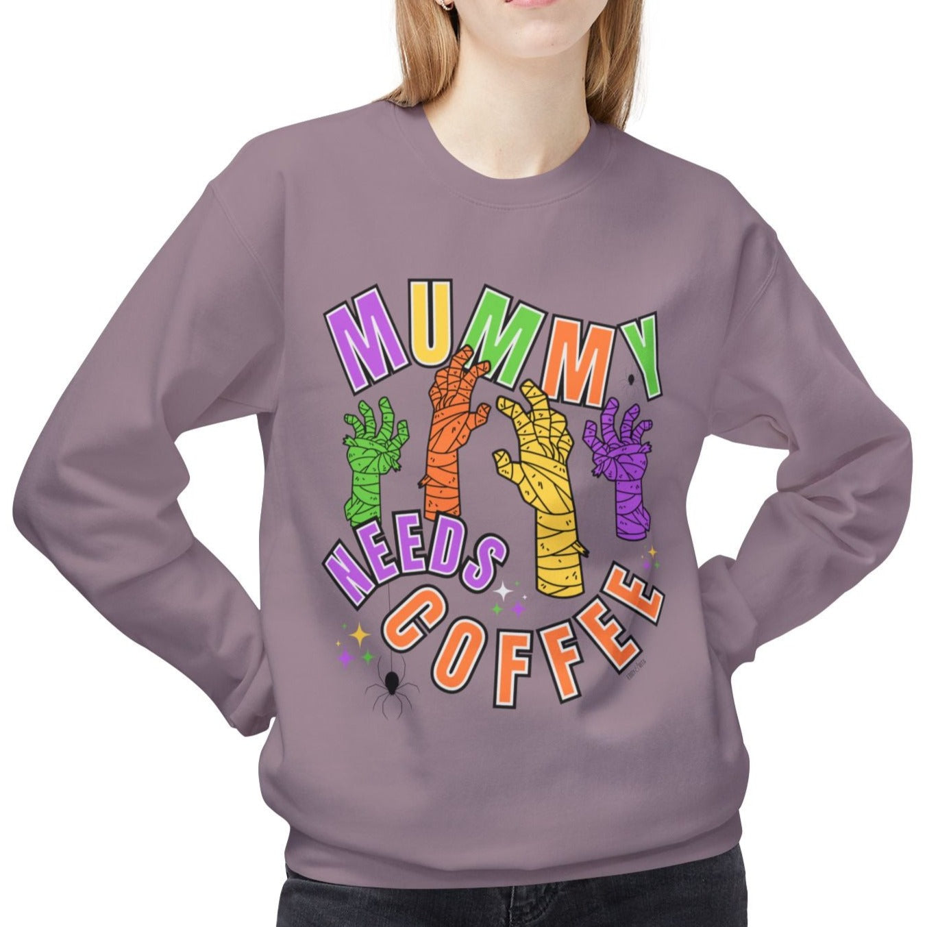 Eddy and Rita Women's Midweight Crewneck Sweatshirt - "Mummy Needs Coffee" Halloween Mummy Hands Graphic Pullover