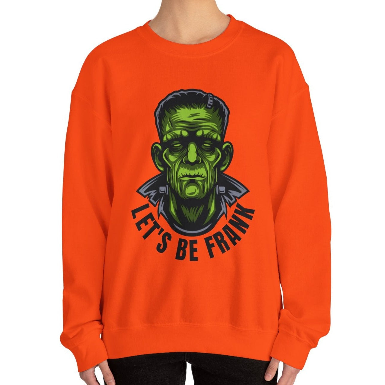 Eddy and Rita Women's Heavy Crewneck Sweatshirt - "Frankenstein Let's Be Frank" Halloween Sweater - Cozy, Fun, Spooky Fall Pullover