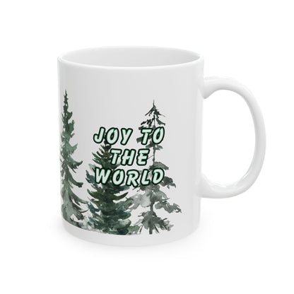 11 oz Ceramic Coffee Mug - "Joy to the World" with Spruce Trees Design | Festive Holiday Coffee Cup for Christmas Cheer