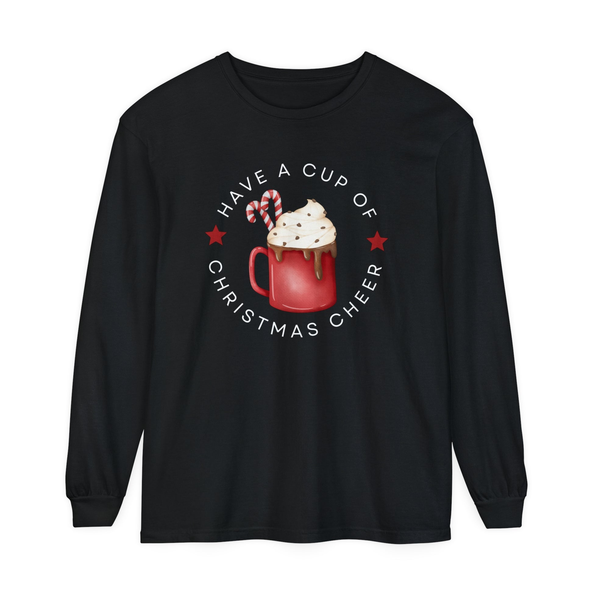 Women's Comfort Colors Long Sleeve Tee: 'Have a Cup of Christmas Cheer' - Eddy and Rita