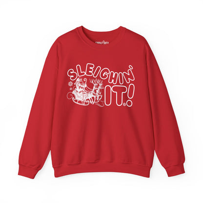 Women's Heavy Sweatshirt – "Sleighin It" Fun and Festive Christmas Graphic Sweatshirt