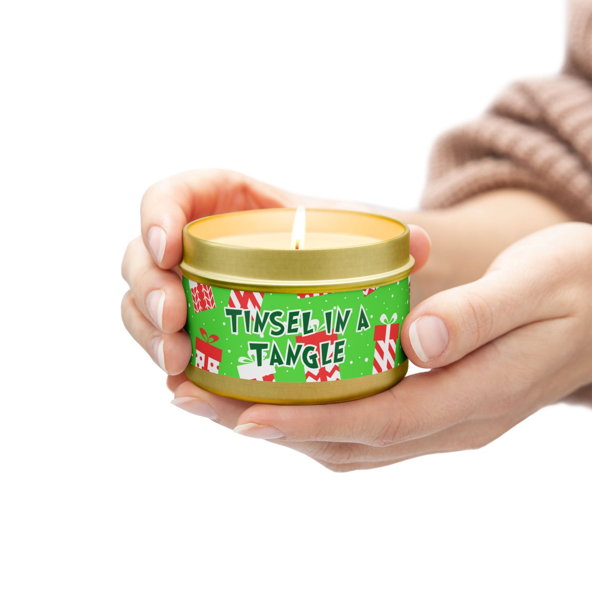 4 oz Coffee Scented Tin Candle – “Tinsel in a Tangle” Design | Cozy and Festive Stocking Stuffer